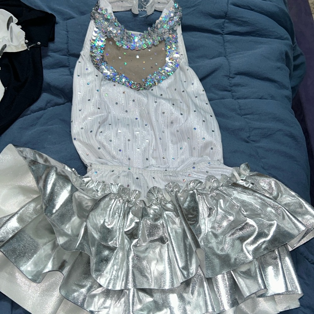 White and silver dance costume halter top. Leotard and skirt